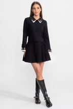 Tailored Cropped Jacket with Embellished Collar and Cuffs – Black