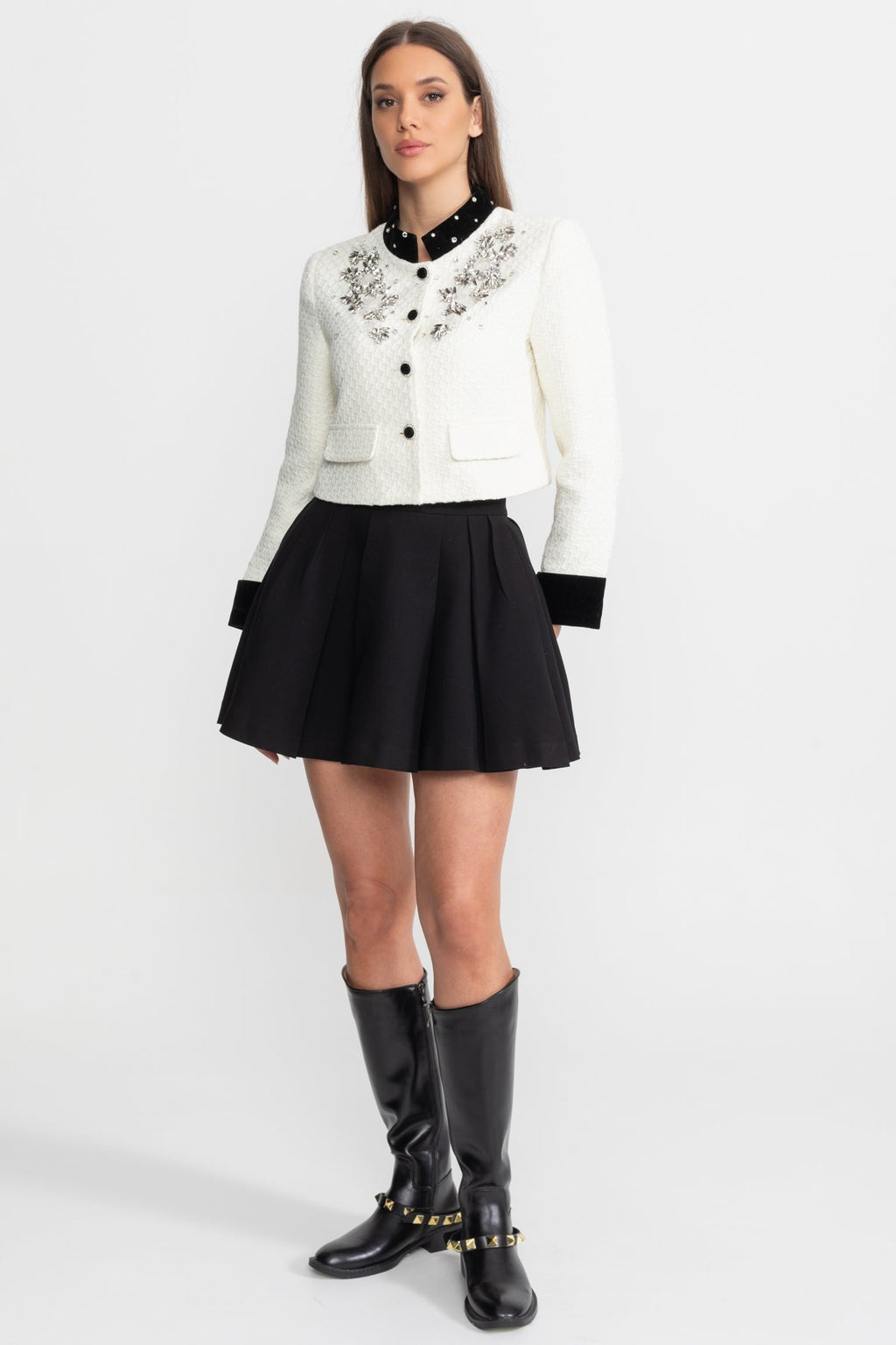 Embellished Textured Cropped Blazer with Crystal Floral Appliqué – White