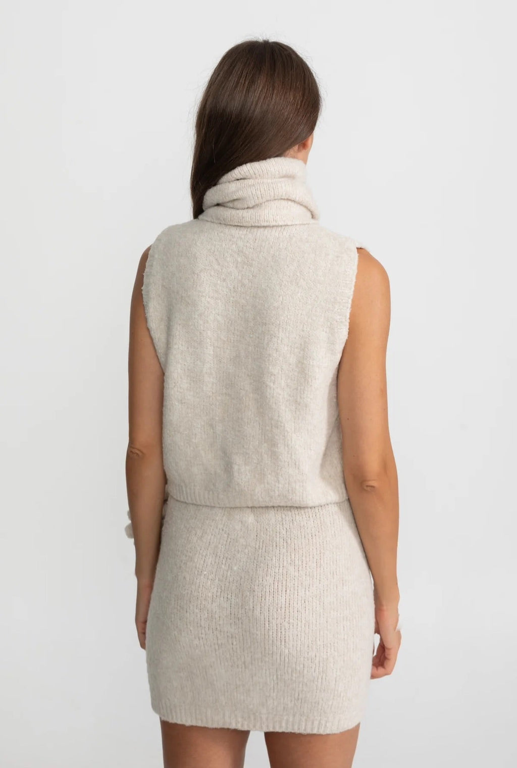 Knitted Three-Piece Set with Sculptural Ruffle Details - Beige