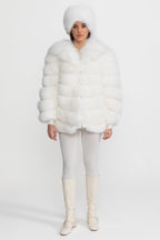 Tiered Fox Fur Jacket With Oversized Shawl Collar – White