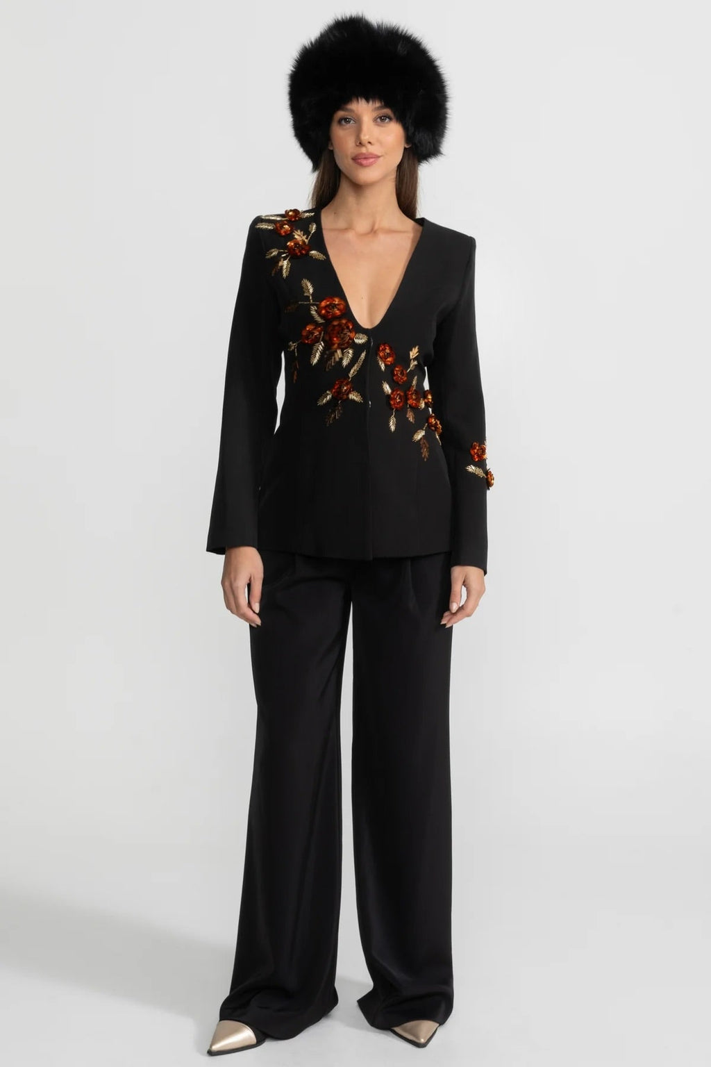 Deep V-Neck Blazer With Intricate Floral Embroidery - Black