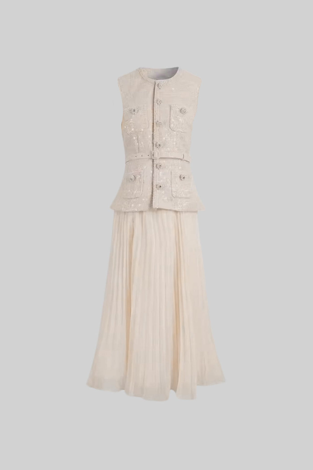 Textured Co-Ord With Front Pockets And Sheer Pleated Skirt - Ivoire