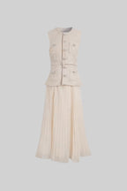 Textured Co-Ord With Front Pockets And Sheer Pleated Skirt - Ivoire