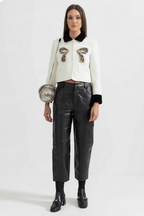 Tweed Blazer With Contrasting Elements And Metallic Bow Accent - White