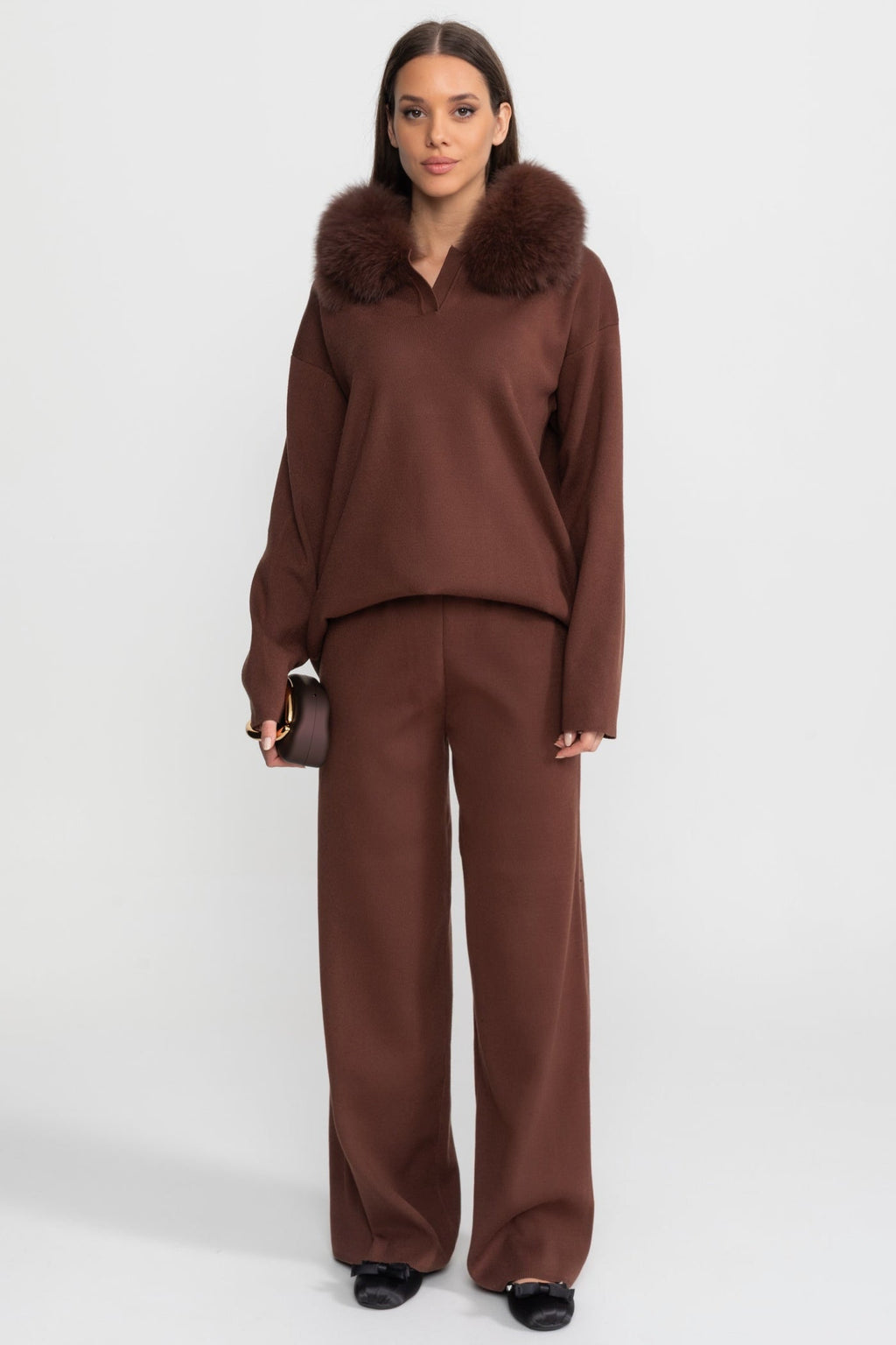 Knit Lounge Co-Ord Set with Fox Fur Collar – Brown
