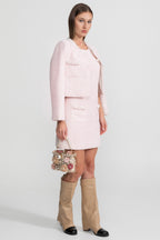 Embellished Tweed Jacket With Delicate Pearl Trim - Light Pink