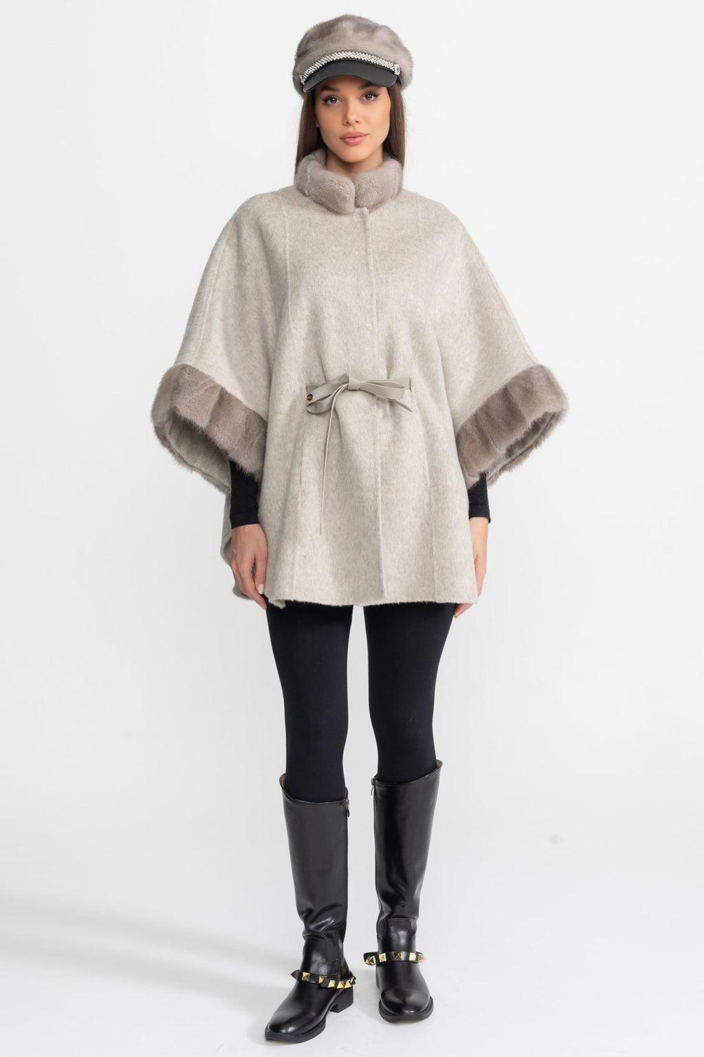 Wool Blend Cape Coat with Sable Fur Trim – Light Grey