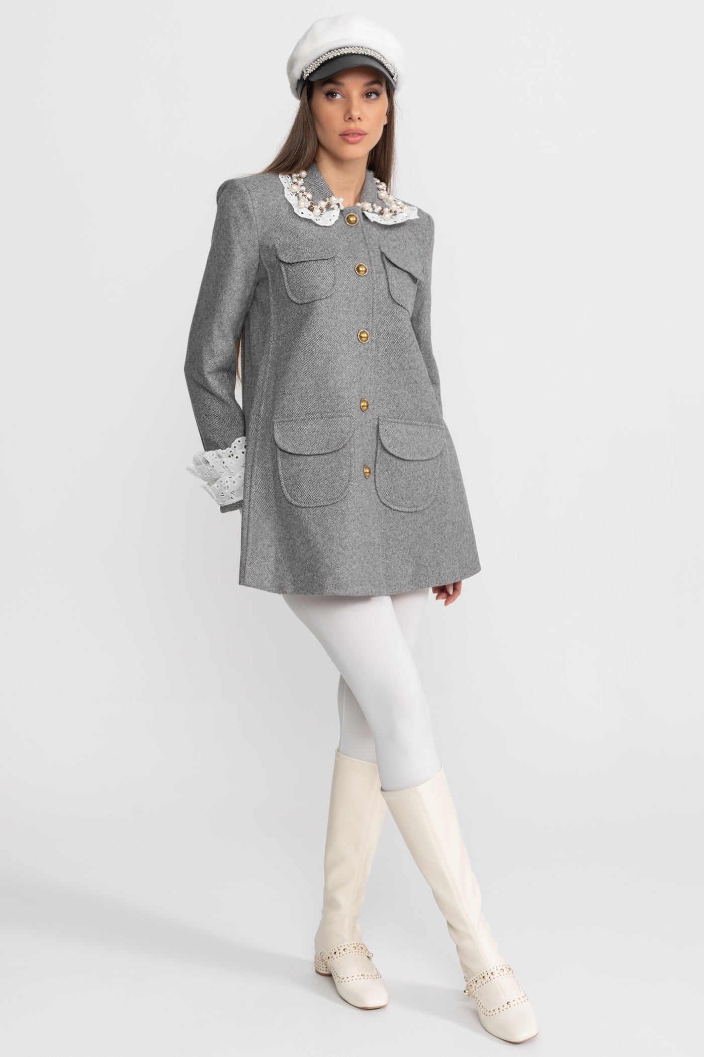 Mini Coat with Pearl-Embellished Lace Collar – Grey