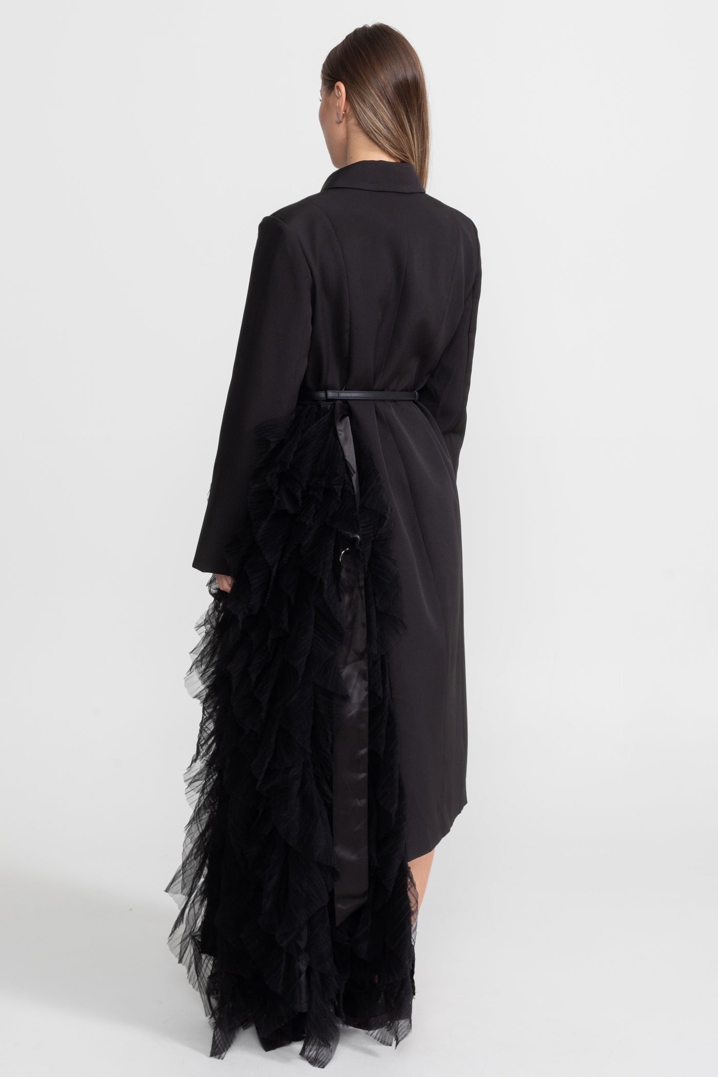 Tulle Cascade Blazer Dress With Notched Lapels – Black