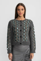 Embellished Cable Knit Cardigan With Gem Detailing – Charcoal Grey