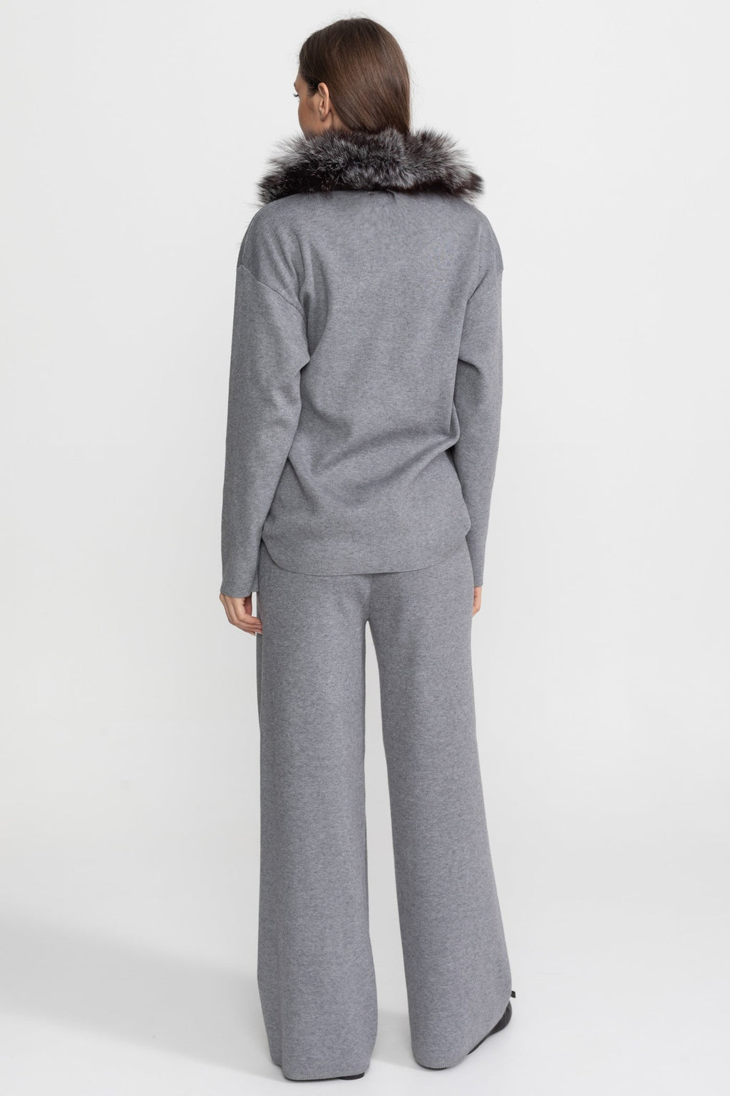 Knit Lounge Co-Ord Set with Fox Fur Collar – Grey