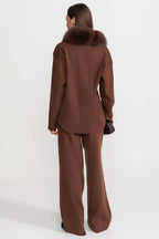Knit Lounge Co-Ord Set with Fox Fur Collar – Brown