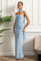 Elegant Draped Evening Co-Ord With Asymmetrical Neckline And Ruching Details - Sky Blue