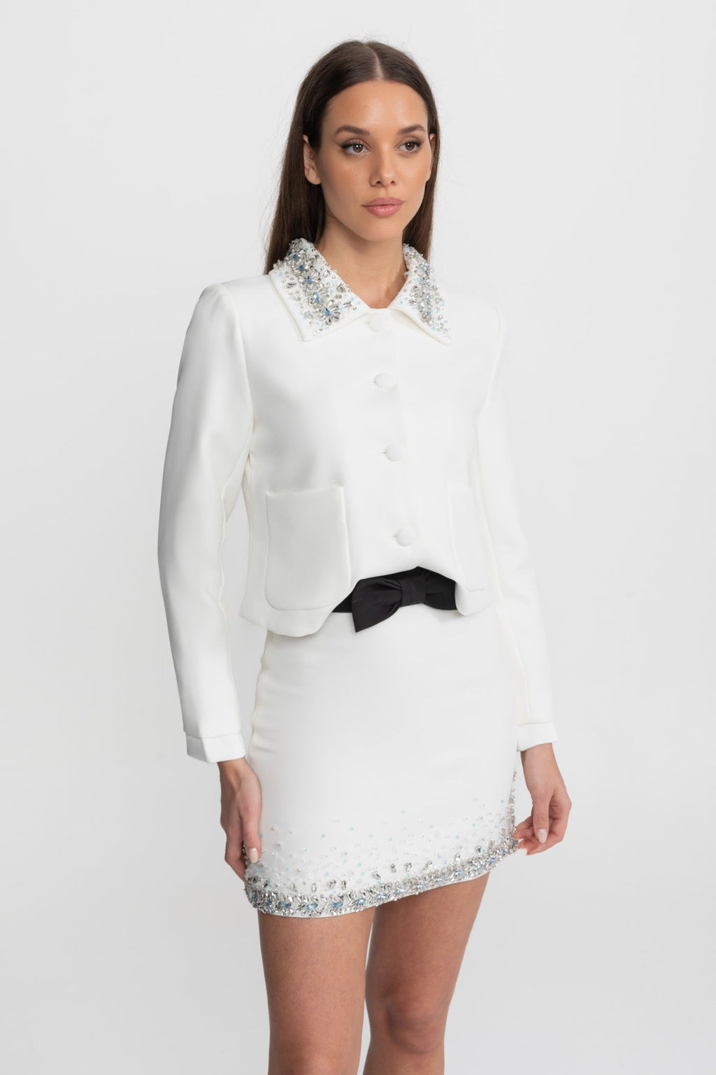 Embellished Cropped Jacket with Crystal Collar – White