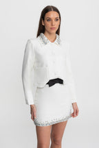 Embellished Cropped Jacket with Crystal Collar – White