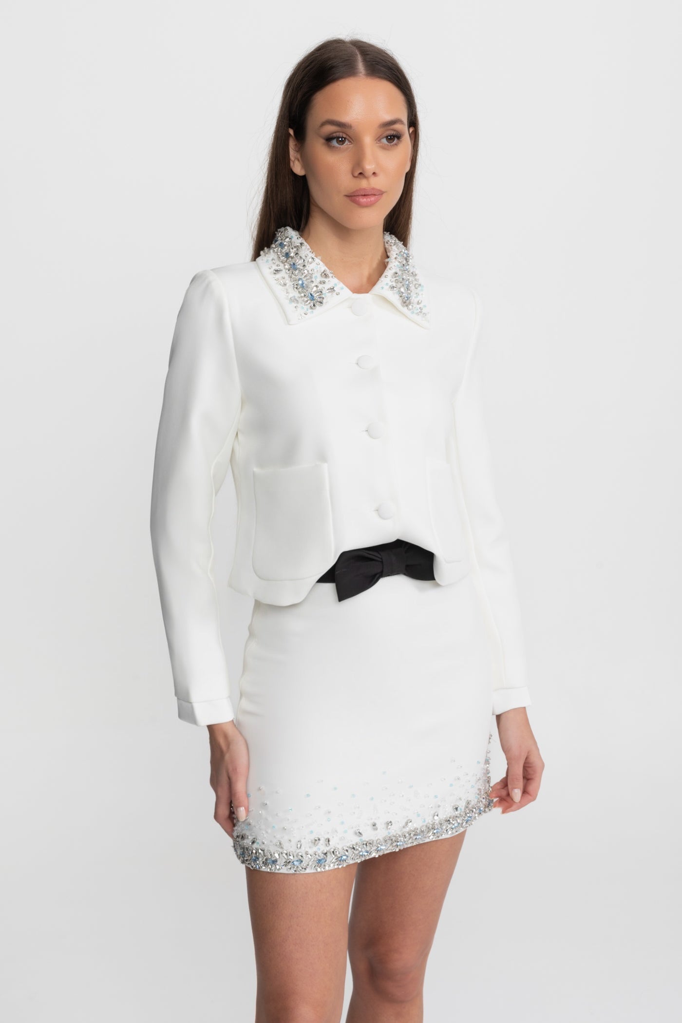 Embellished Cropped Jacket with Crystal Collar – White