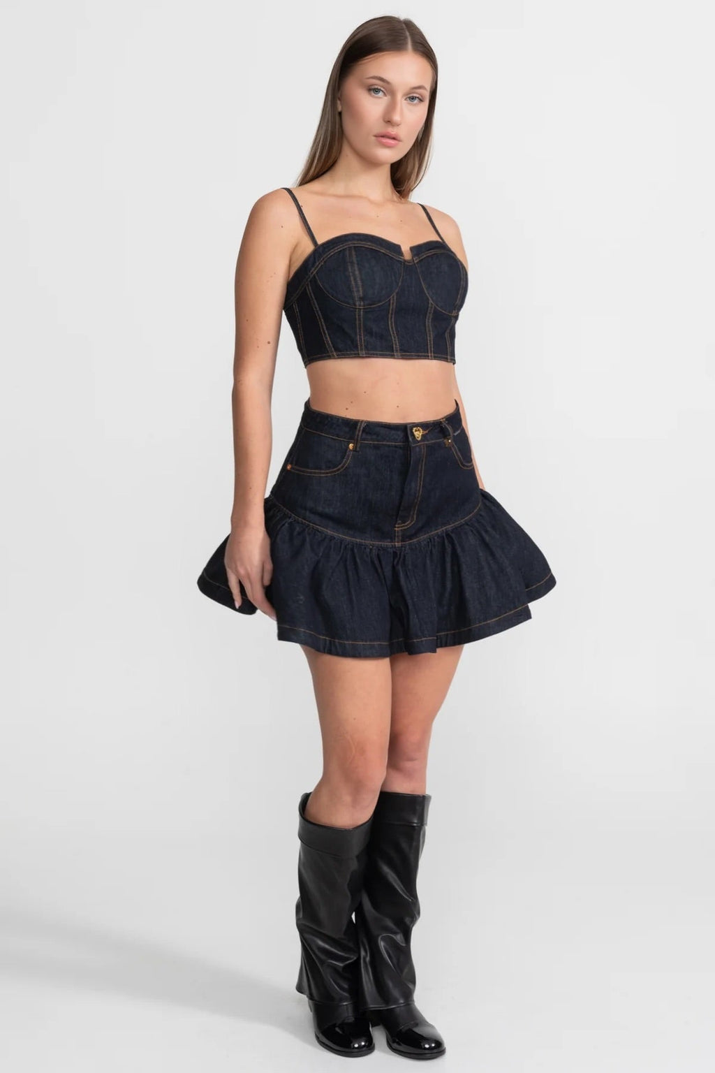 Denim Bustier Co-ord Set With Contrasting Stitching – Indigo