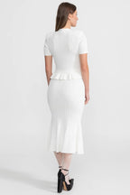 Knit Midi Co-Ord with Peplum Waist and Gold Buttons  – White