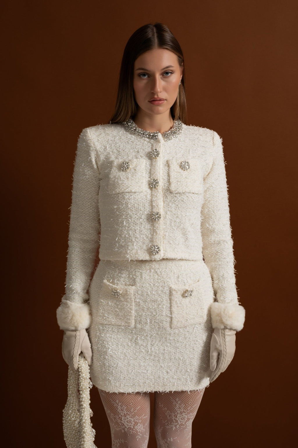 Tweed Mini Skirt With Crystal Buttons - White