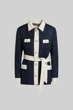 Two-Tone Tweed Jacket With Contrast Trim and Waist Belt – Navy
