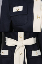 Two-Tone Tweed Jacket With Contrast Trim and Waist Belt – Navy