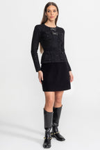 Embellished Tweed Co-Ord Set with Bow Closures And Mini Skirt – Black