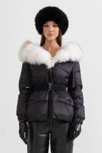 Puffer Jacket With Waistbelt And White Fox Fur-Lined Hood - Black