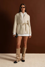 Luxurious Wool Trim Jacket With Belted Waist and Sable Fur – Ivoire