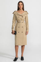 Off-Shoulder Double-Breasted Trench Coat Dress With Belted Waist – Brown