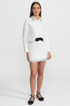 Embellished Cropped Jacket with Crystal Collar – White