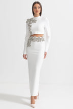 Diamond Flower Accent 2 Piece Set With Long Sleeves Top And Maxi Skirt - White
