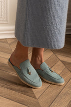 Suede Loafers With Contrasting Sole And Metal Charms - Baby Blue