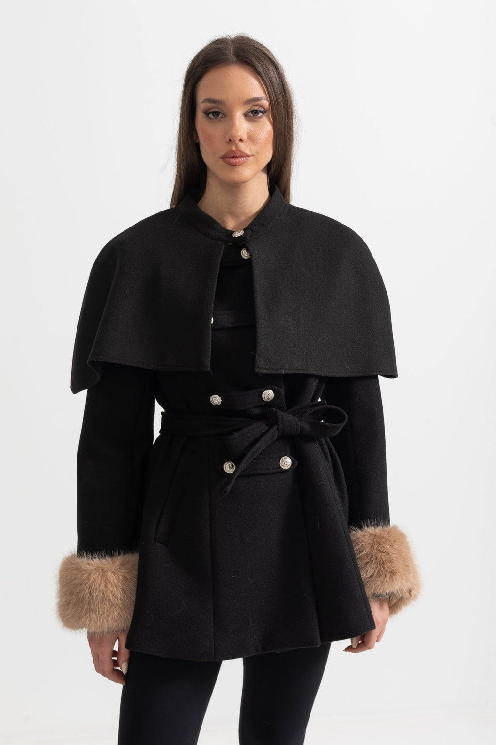 Double-Breasted Coat With Detachable Cape - Black