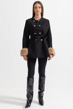 Double-Breasted Coat With Detachable Cape - Black