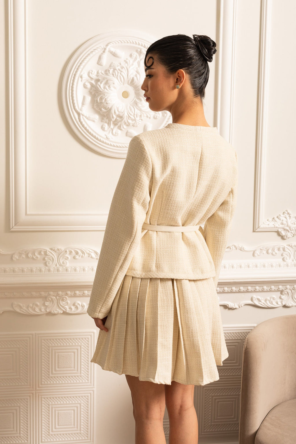 Textured Co-Ord Set With Long Sleeved Top And Matching Pleated Mini Skirt - Ivoire
