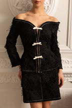 Textured Off-Shoulder Co-ord With White Bow Accents - Black