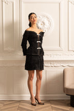 Textured Off-Shoulder Co-ord With White Bow Accents - Black