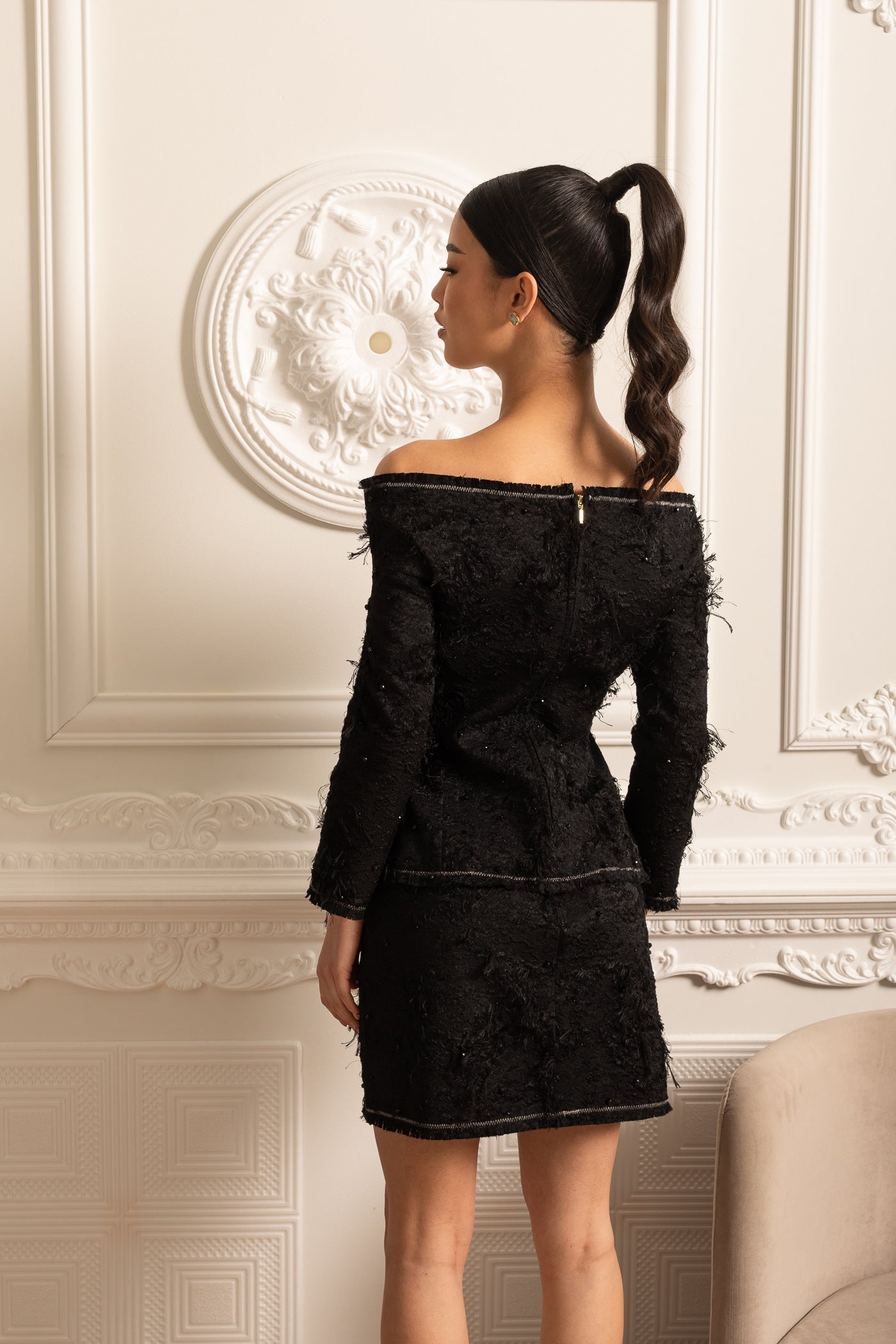 Textured Off-Shoulder Co-ord With White Bow Accents - Black