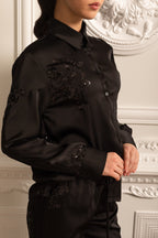 Sequin Embellished Satin Set With Long Sleeved Shirt And Coordinated Pants - Black