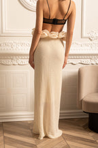 High-Waisted Knit Skirt With 3D Flowers Appliques - Ivoire