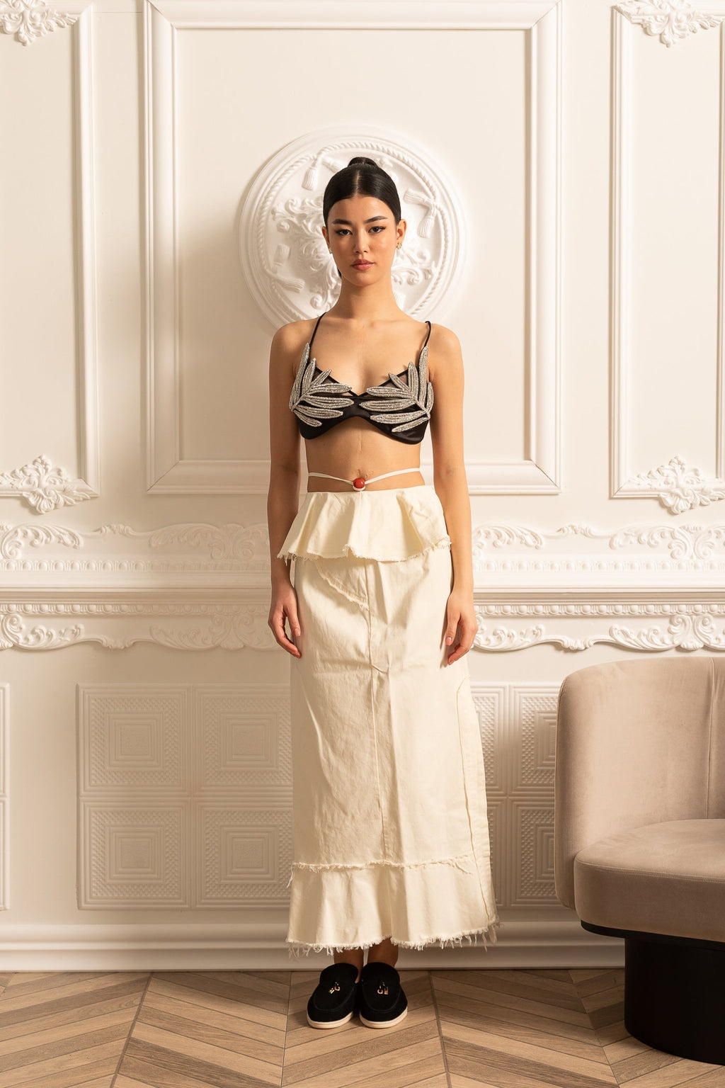 High-Waisted Skirt With Ruffled Top And Frayed Hem  - Ivoire