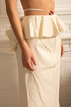High-Waisted Skirt With Ruffled Top And Frayed Hem  - Ivoire