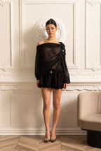 Sheer Off-Shoulder Co-Ord With Long Sleeves And Mini Skirt - Black