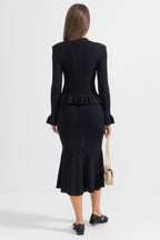 Ruffled Jacket & Flared Skirt Knit Matching Set - Black