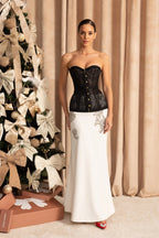 Strapless Lace Corset Top with Boning and Front Closure - Black