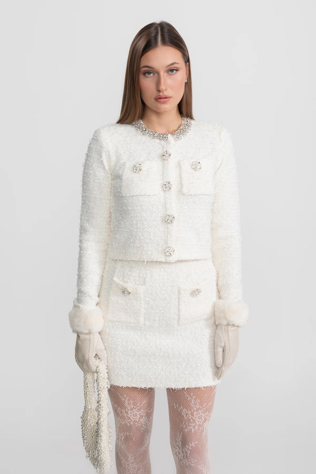 Tweed Blazer With Crystal Embellishments And Buttons - White