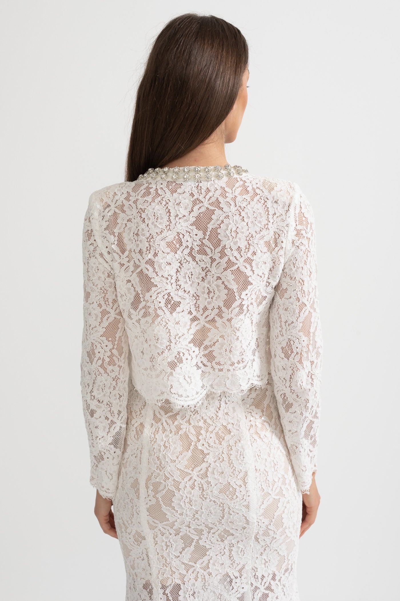 Lace Co-Ord With Sparkling Neckline Embellishments And Midi Skirt - White