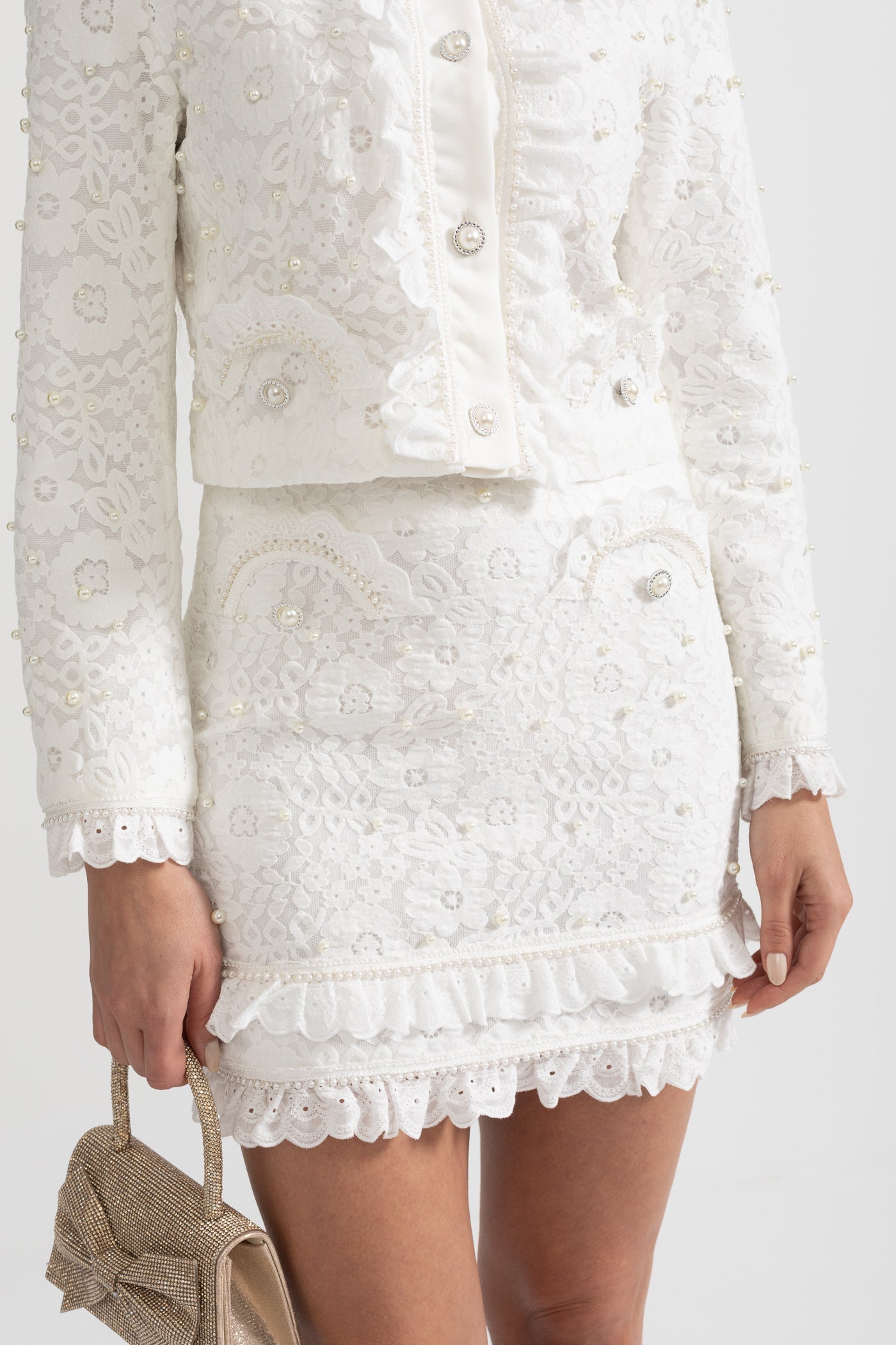 Elegant Two-Piece Ensemble With Exquisite Pearl Embellishments - White
