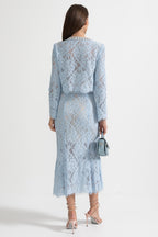 Lace Co-Ord With Sparkling Neckline Embellishments And Midi Skirt - Blue