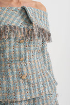 Plaid Tweed Set With Off-Shoulder Top And Coordinated Mini Skirt - Blue